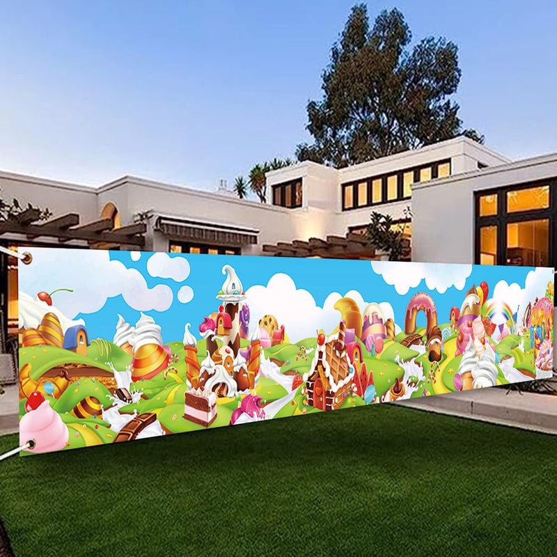 DOTOOMA 118 x 20 In Candyland Sweet Cartoon Rainbow Cupcake Ice Cream Castle Theme Yard Banner Sign Decorations Baby Shower Girls Birthday Party Cake Table Polyester Supplies - Image 1