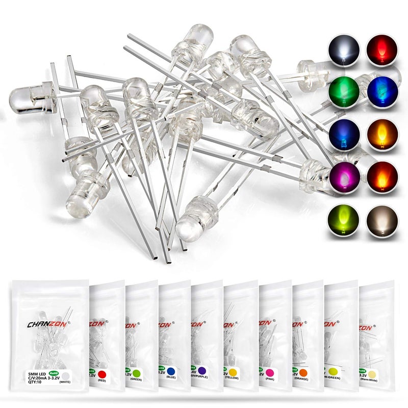 Chanzon 100pcs (10 Colors x 10pcs) 3mm LED Diode Lights Assortment (Clear Transparent Lens) Emitting Lighting Bulb Lamp Assorted Kit Variety Colour Warm White Red Yellow Green Blue Orange UV Pink - Image 1