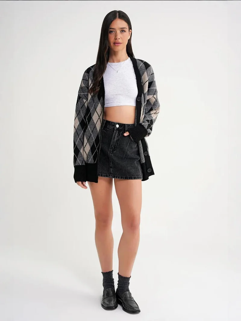 MixRay Mixray Oversize Argyle V-Neck Buttoned Cardigan