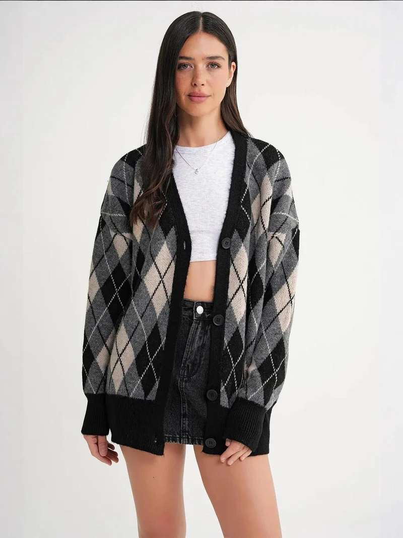 ميكسراي كارديجان ميكسراي مقاس كبير بياقة على شكل حرف  بنقشة الأرجيل وأزرار