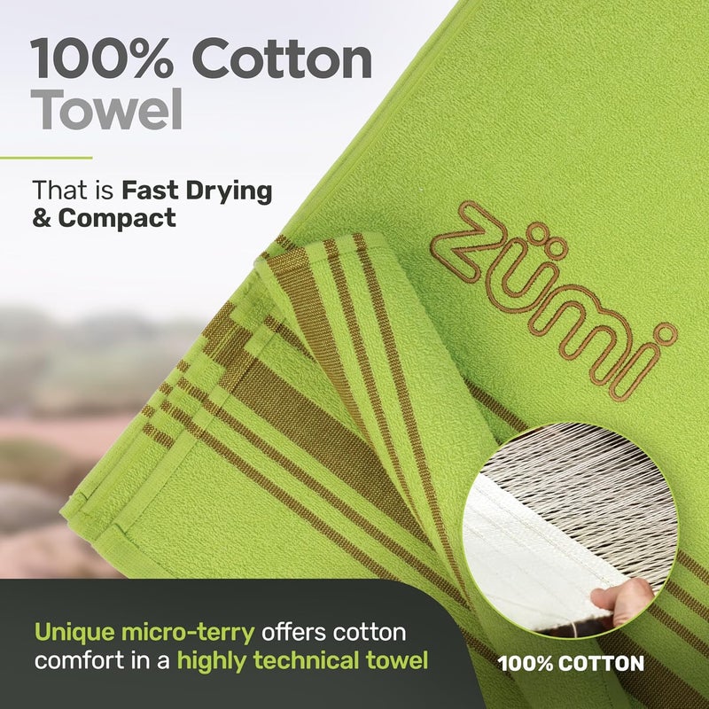 ZUMI 100% Cotton Quick Dry Travel Towel - Soft, Thin, Compact, Highly Absorbent, Lightweight Camping Towel for Beach, Gym, Bath, Shower, Swimming, Dorm, RV - Green - Image 2