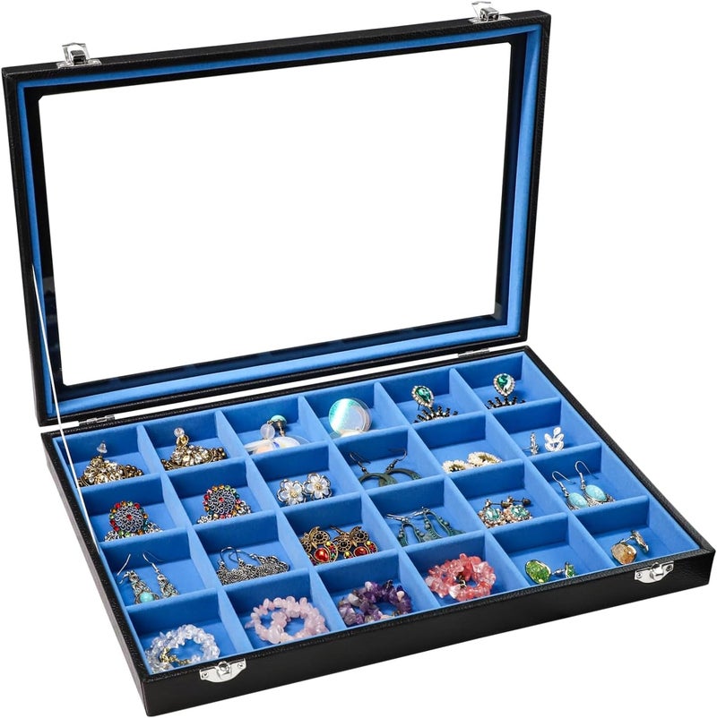 Stratalife Earring Organizer Jewelry Tray with See-through Lid Jewelry Holder Organizer Jewelry Organizer Box Jewelry Storage Crystal Holder Rock Collection Box 24 Grid (Blue Black) - Image 1