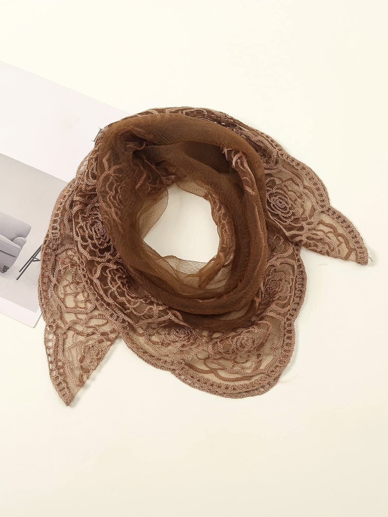 Floerns Women's Flower Embroidery Hair Scarf Headband Sheer Lace Hair Bandana Rust Brown One Size - Image 2