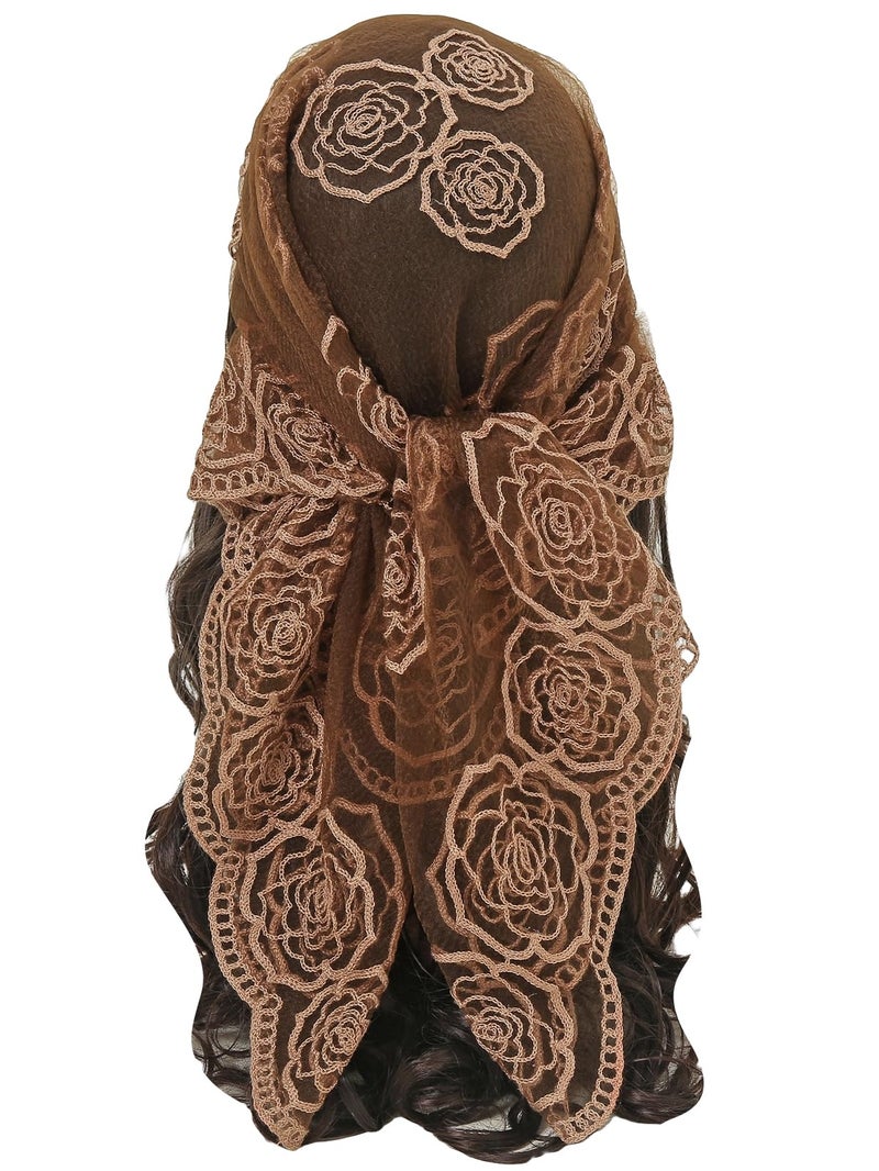 Floerns Women's Flower Embroidery Hair Scarf Headband Sheer Lace Hair Bandana Rust Brown One Size - Image 1