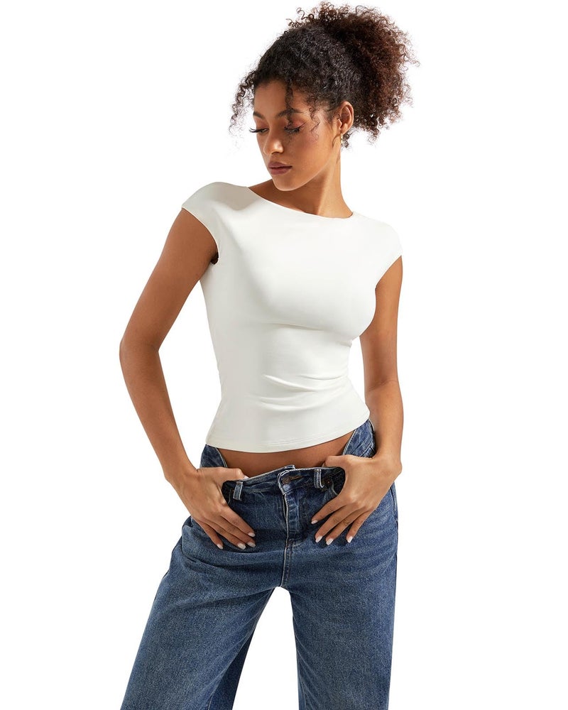 SUUKSESS Women Backless Sexy Going Out Crop Tops Double Lined Open Back Y2k Basic Tee Shirts (Pearl, S) - Image 2