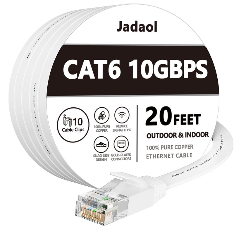 Jadaol Cat 6 Ethernet Cable 20 ft, 10Gbps Support Cat8 Cat7 Network, Flat RJ45 LAN Patch Cable, High-Speed Wired Internet Cable for Router, Modem, Switch, Gaming Consoles, PC, Streaming Devices, White - Image 1