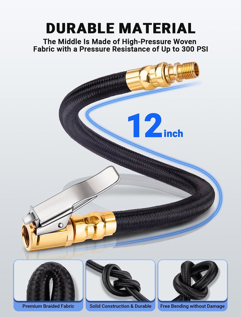 LUMITECO 12'' Tire Inflator Extension Hose, Tyre Pump Clip-On Air Chuck Adapter for Quick-Inflation Lock, High-Pressure Tube Quick Connect for Car Motorcycle Bicycle Maintenance Accessories - Image 2