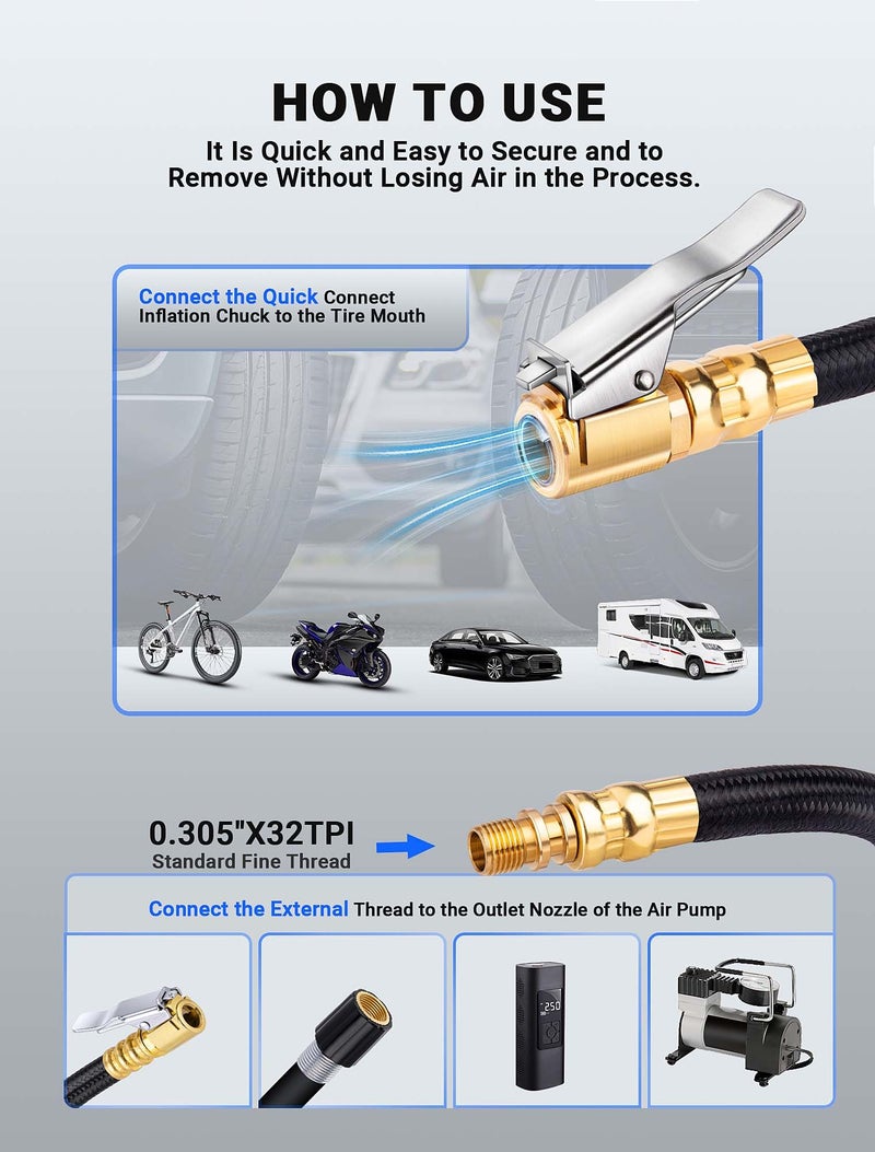 LUMITECO 12'' Tire Inflator Extension Hose, Tyre Pump Clip-On Air Chuck Adapter for Quick-Inflation Lock, High-Pressure Tube Quick Connect for Car Motorcycle Bicycle Maintenance Accessories - Image 4