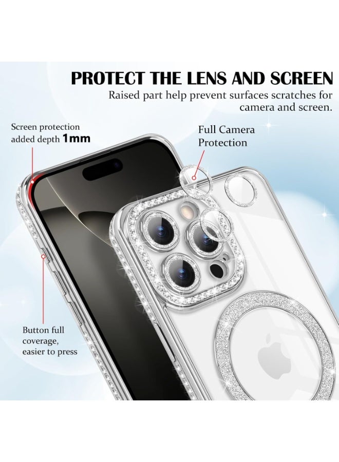 Cover For iPhone 16 Pro Max Magnetic Glitter Case,Luxury Bling Rhinestone Diamond Plated Bumper Case,Compatible with MagSafe, Sparkle Camera Lens Protection Clear Cover for Women Girls(Silver) - Image 2