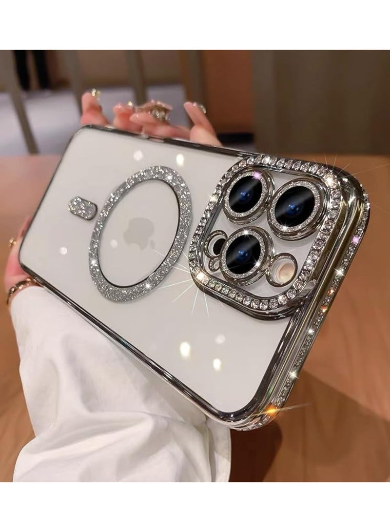 Cover For iPhone 16 Pro Max Magnetic Glitter Case,Luxury Bling Rhinestone Diamond Plated Bumper Case,Compatible with MagSafe, Sparkle Camera Lens Protection Clear Cover for Women Girls(Silver) - Image 1
