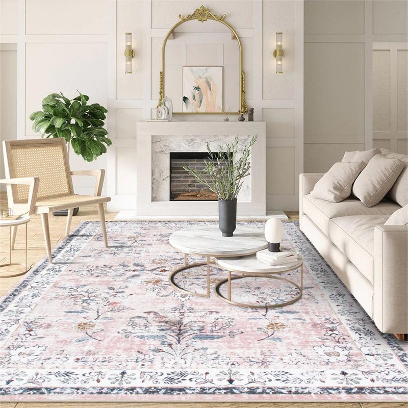 لايف بوكس سجادة لايف بوكس قابلة للغسل مقاس 5x7، سجاد وردي ناعم بنمط بوهيمي لغرف نوم البنات، سجاد زهري عتيق مانع للانزلاق لغرفة المعيشة، سجادة كبيرة فائقة الرقة لا تتساقط أليافها لغرفة الطعام، غرفة الأطفال، المكتب المنزلي، لون وردي فاتح - Image 1