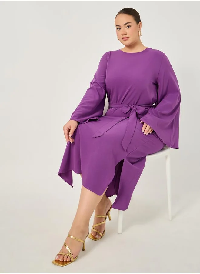 ستايلي Plus Size Solid Tie Belt Shift Maxi Dress with Side Slit