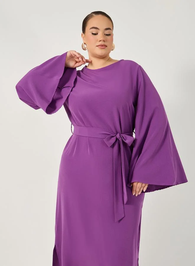 Styli Plus Size Solid Tie Belt Shift Maxi Dress with Side Slit