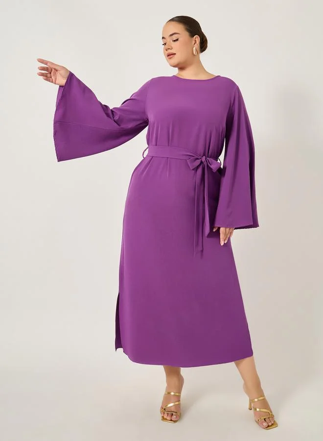 Styli Plus Size Solid Tie Belt Shift Maxi Dress with Side Slit