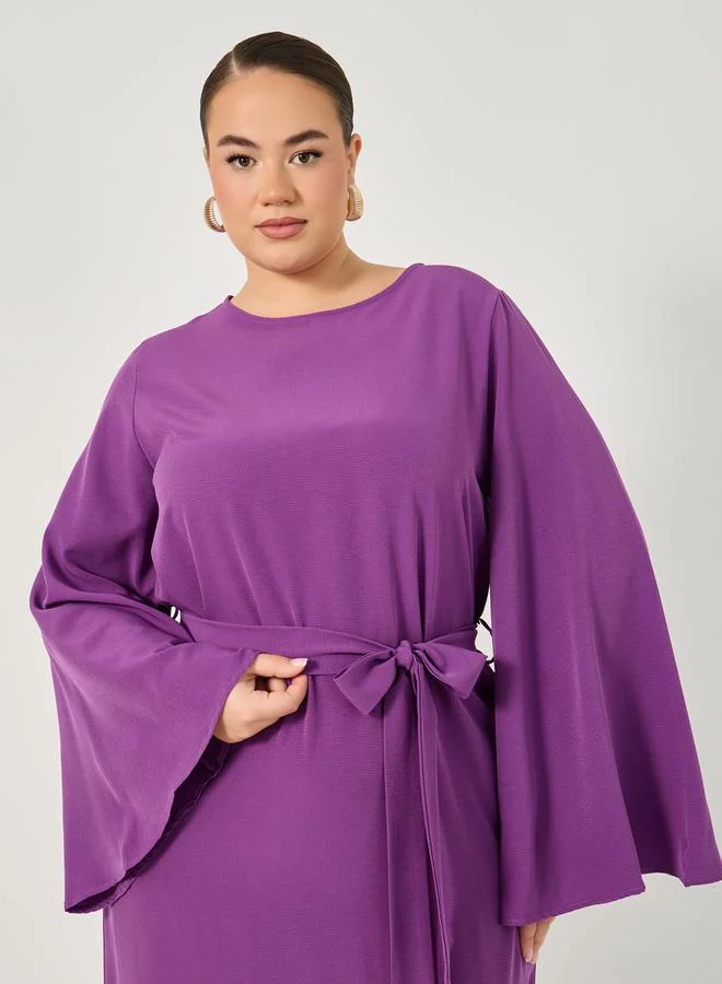 Styli Plus Size Solid Tie Belt Shift Maxi Dress with Side Slit