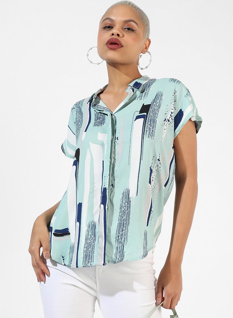 Campus Sutra Women's Sage Green Printed Regular Fit Top - Image 1