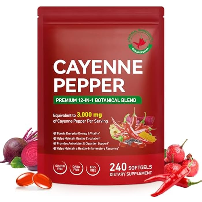 Cacukn Cayenne Pepper Capsules, Cayenne Pepper Capsaicin Supplements Support Leg Vein, Heart Health and Blood Circulation, with Vitamin E D3 K2 and Extracts of Grape Seed, Beetroot and Turmeric, 240 Softgels - Image 1