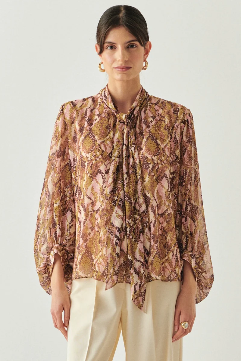 EXQUISE Patterned Scarf Collar Long Sleeved Regular Blouse