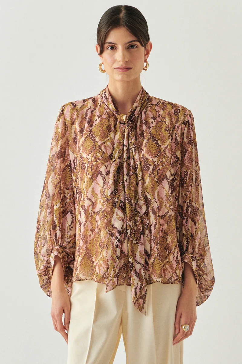 Exquise Patterned Scarf Collar Long Sleeve Regular Blouse