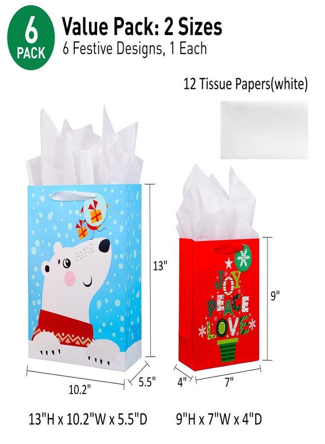 SUNCOLOR Christmas Gift Bags Set with Tissue Paper, Large and Medium Holiday Bags in Red Green Blue, 6 Pack with 12 White Tissue Papers, 15x10.2x5.5 and 9x7x4 Inches - Image 3