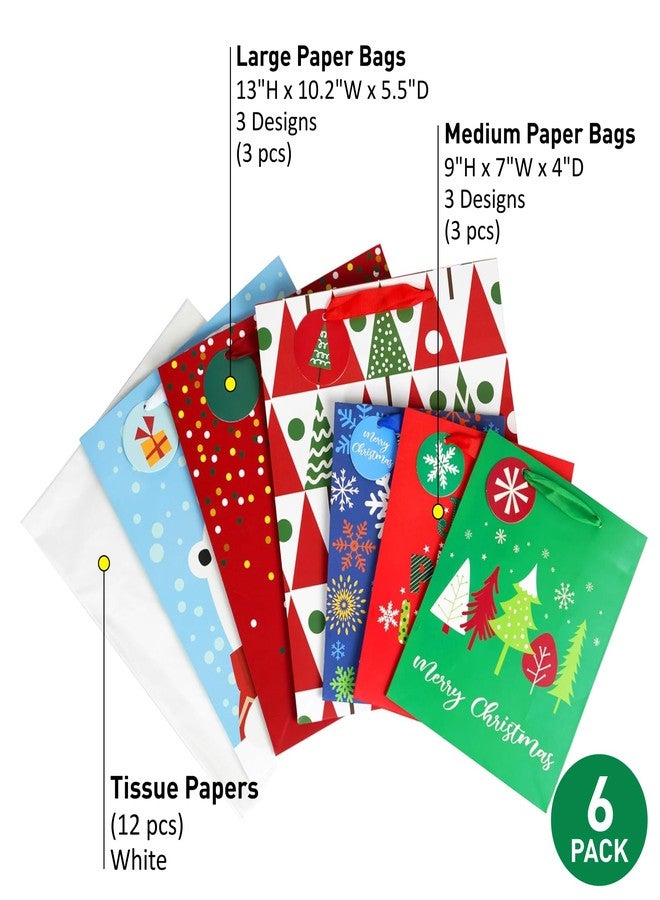 SUNCOLOR Christmas Gift Bags Set with Tissue Paper, Large and Medium Holiday Bags in Red Green Blue, 6 Pack with 12 White Tissue Papers, 15x10.2x5.5 and 9x7x4 Inches - Image 2