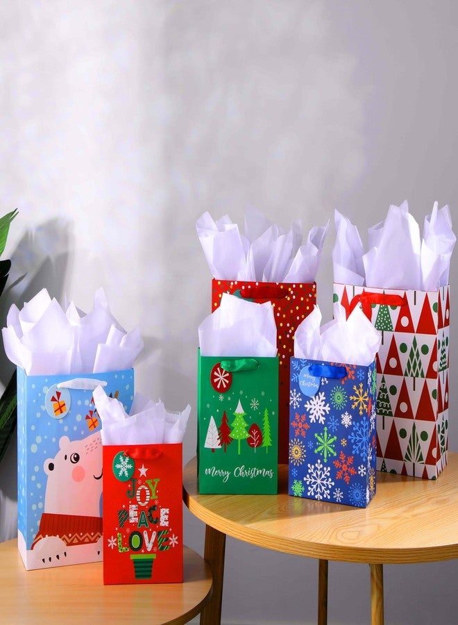 SUNCOLOR Christmas Gift Bags Set with Tissue Paper, Large and Medium Holiday Bags in Red Green Blue, 6 Pack with 12 White Tissue Papers, 15x10.2x5.5 and 9x7x4 Inches - Image 5