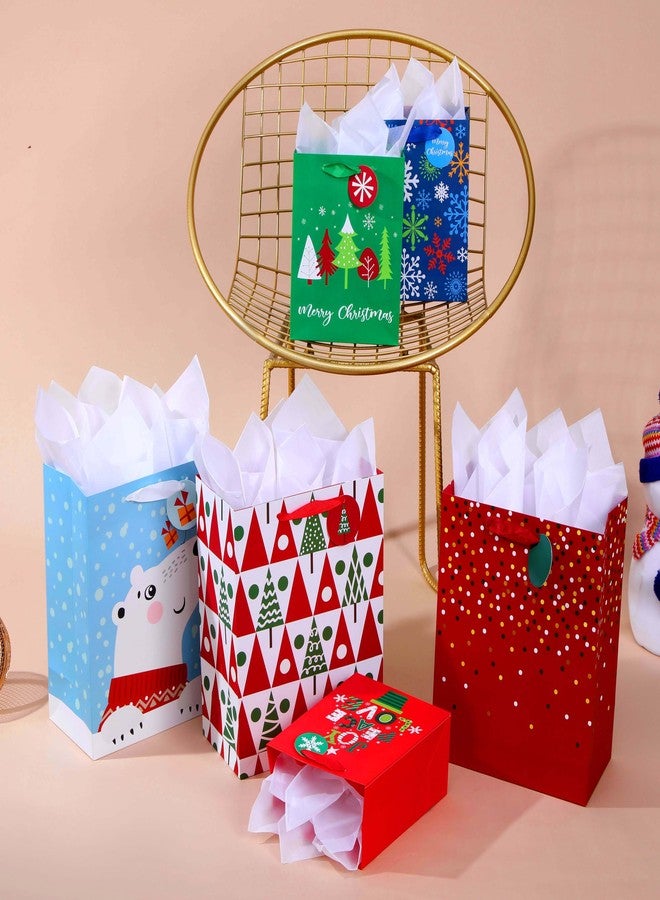 SUNCOLOR Christmas Gift Bags Set with Tissue Paper, Large and Medium Holiday Bags in Red Green Blue, 6 Pack with 12 White Tissue Papers, 15x10.2x5.5 and 9x7x4 Inches - Image 4
