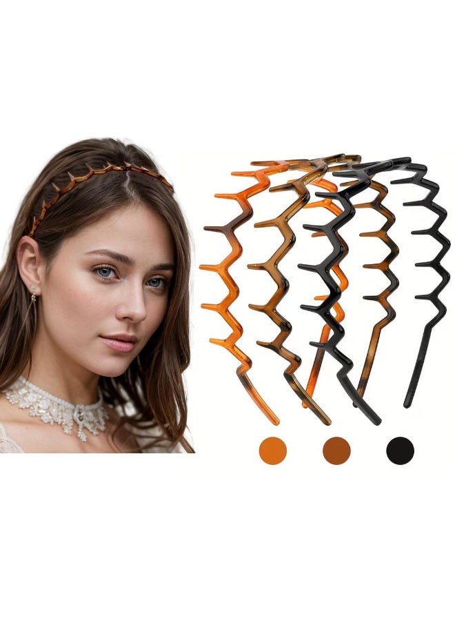 م اكس م عصابات شعر للنساء بأسنان القرش المتعرجة (3 عبوات) – عصابات رأس مشطية شعر بلاستيكية متموجة غير قابلة للانزلاق مع ظهر مرن لتصفيف يومي مريح (3، مزيج أسود) - Image 1