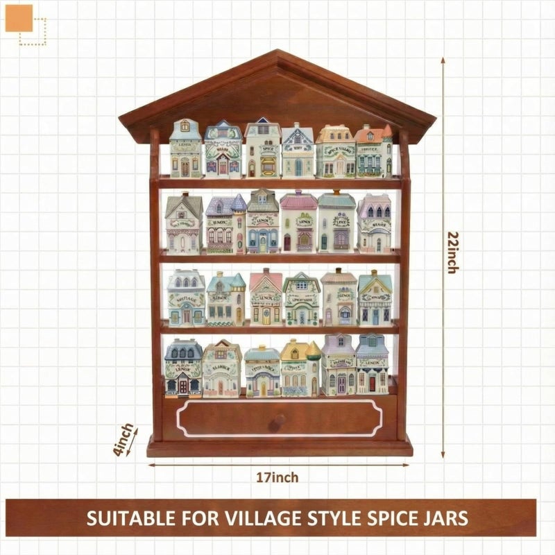 Chunful Vintage Spice Village Wooden Rack 22 x 17 x 4 Inches with 4 Shelves and Drawer for Wall Mounting Kitchen Storage Spice Village Display Shelf for 24 Jars, Shelf Only (White, Classic) - Image 4