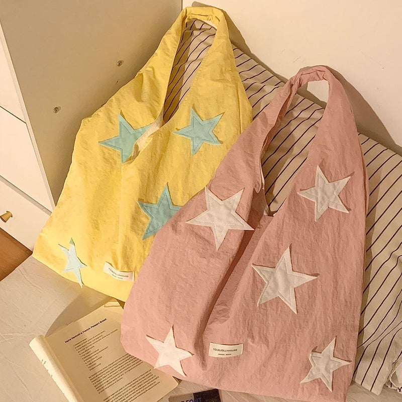 Korean Style Dopamine Color Block Star Shoulder Bag for Women - Large Capacity, Tote, Casual - Image 1