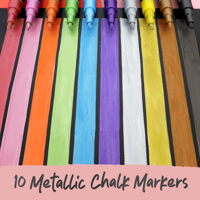 Chalkola Metallic Chalk Markers (10 Pack) Liquid Chalk Pens - For Blackboards, Chalkboard, Bistro Menu, Window - Wet Wipe Erasable - 6mm Reversible Bullet & Chisel Tip - Image 2