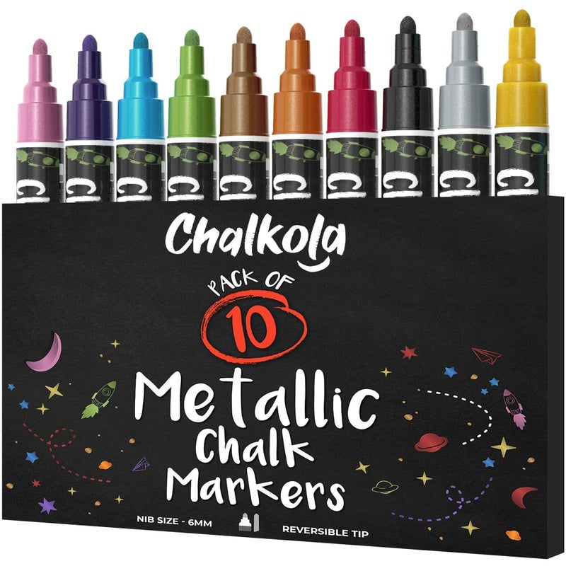 Chalkola Metallic Chalk Markers (10 Pack) Liquid Chalk Pens - For Blackboards, Chalkboard, Bistro Menu, Window - Wet Wipe Erasable - 6mm Reversible Bullet & Chisel Tip - Image 1