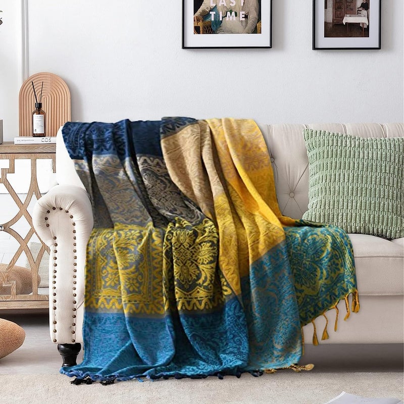 Boho Throw Blanket Couch Woven  Softest Chenille Colorful Jacquard BlanketHippie Decor Bed Throws for Couch Cover Sofa Chair60X75Blue Navy