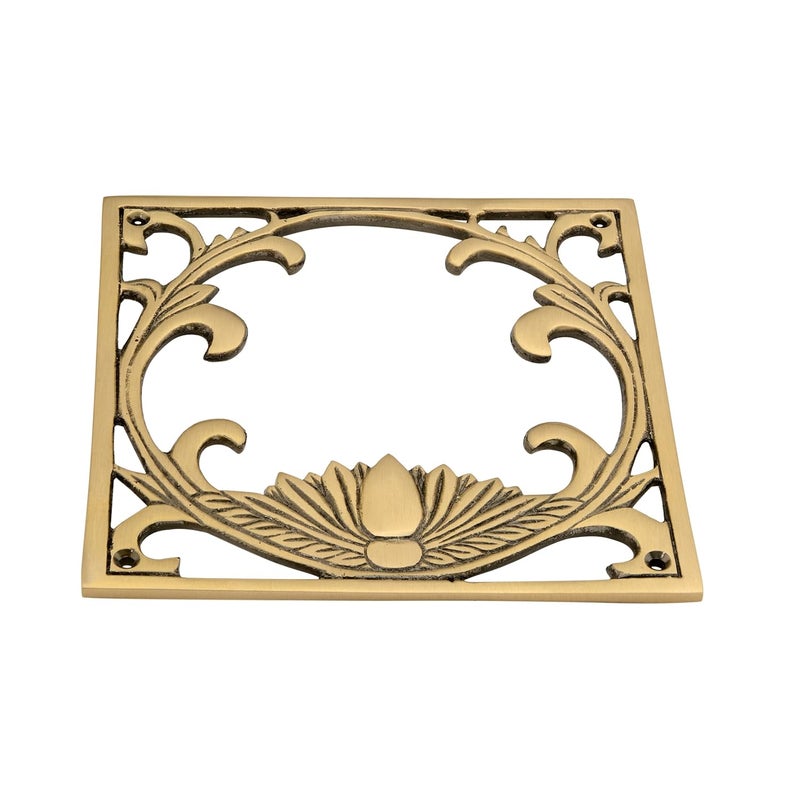 DEVDECOR , Decorative Brass Door Accent – 6.3" x 6.3" Ornamental Square Panel with Lotus Design – Traditional Indian-Style Door Accessory – Antique Finish Wall or Door Embellishment - Image 2
