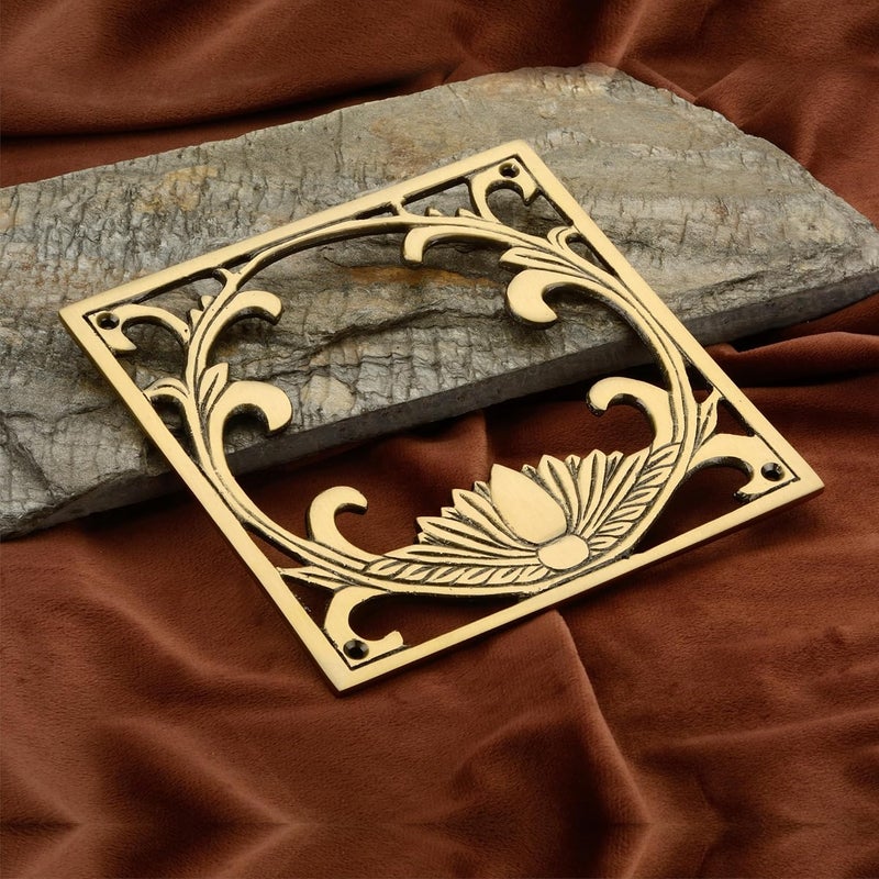 DEVDECOR , Decorative Brass Door Accent – 6.3" x 6.3" Ornamental Square Panel with Lotus Design – Traditional Indian-Style Door Accessory – Antique Finish Wall or Door Embellishment - Image 1