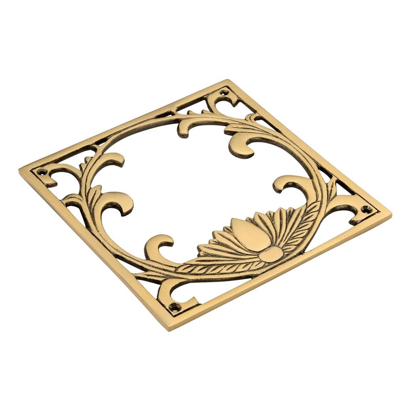 DEVDECOR , Decorative Brass Door Accent – 6.3" x 6.3" Ornamental Square Panel with Lotus Design – Traditional Indian-Style Door Accessory – Antique Finish Wall or Door Embellishment - Image 3