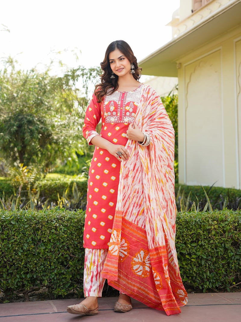Vaamsi Women's Bandhani Straight Embroidered Kurta Pant With Dupatta Set (VKSKD2230_XXL_Orange) - Image 3