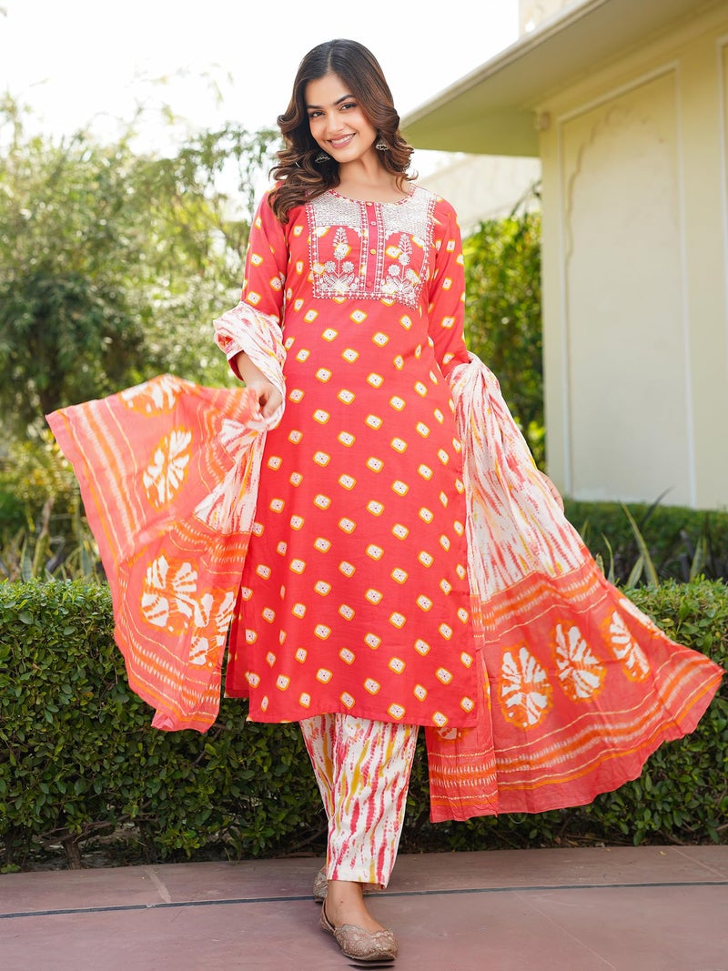 Vaamsi Women's Bandhani Straight Embroidered Kurta Pant With Dupatta Set (VKSKD2230_XXL_Orange) - Image 5