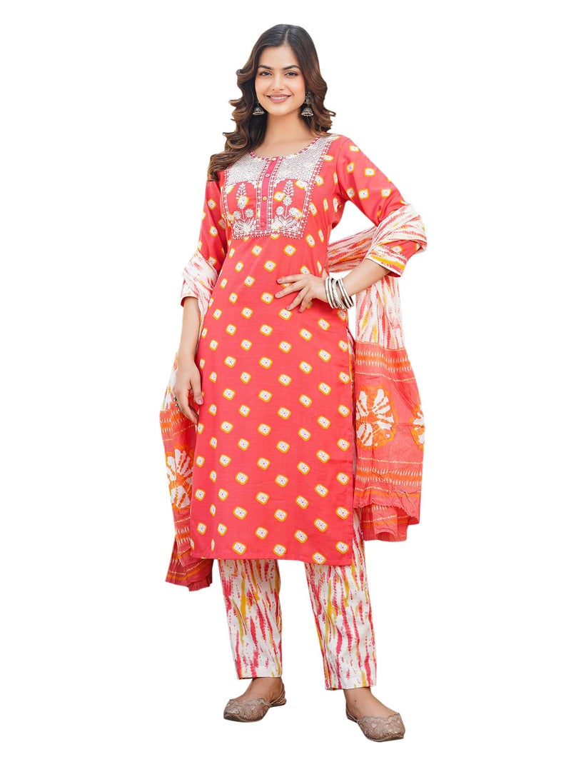 Vaamsi Women's Bandhani Straight Embroidered Kurta Pant With Dupatta Set (VKSKD2230_XXL_Orange) - Image 1