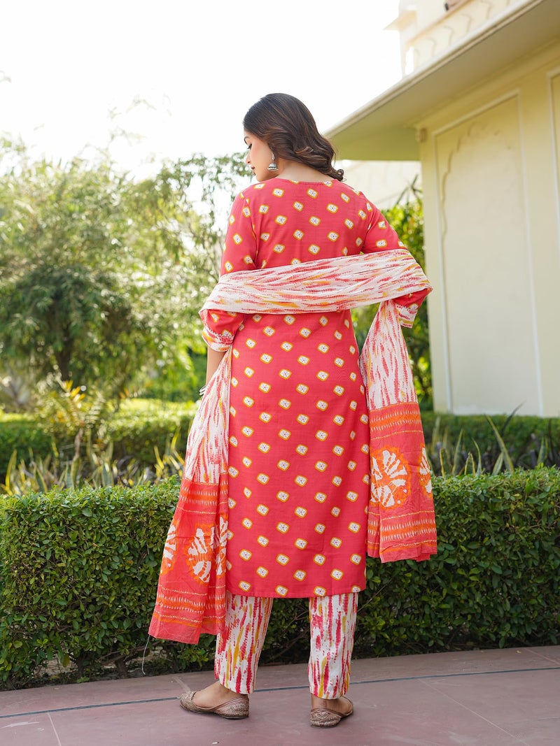 Vaamsi Women's Bandhani Straight Embroidered Kurta Pant With Dupatta Set (VKSKD2230_XXL_Orange) - Image 4