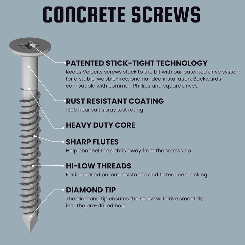 Phillips' Velocity 2 1/4 Concrete Screws Set (Flat Head, 1/4") – Includes 12 Pcs High-Performance Masonry Screws, Stick Tight Technology, 1 PSD ACR Drive Bit and 1 Carbide Concrete Drill Bit Brick Screws - Image 2
