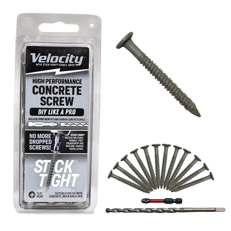 Phillips' Velocity 2 1/4 Concrete Screws Set (Flat Head, 1/4") – Includes 12 Pcs High-Performance Masonry Screws, Stick Tight Technology, 1 PSD ACR Drive Bit and 1 Carbide Concrete Drill Bit Brick Screws - Image 1