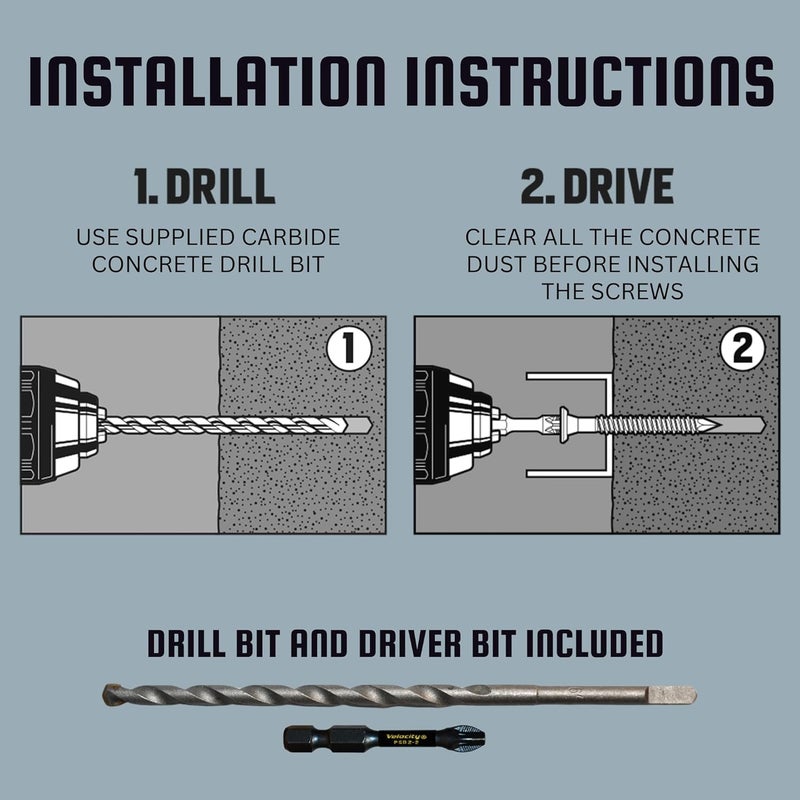 Phillips' Velocity 2 1/4 Concrete Screws Set (Flat Head, 1/4") – Includes 12 Pcs High-Performance Masonry Screws, Stick Tight Technology, 1 PSD ACR Drive Bit and 1 Carbide Concrete Drill Bit Brick Screws - Image 4