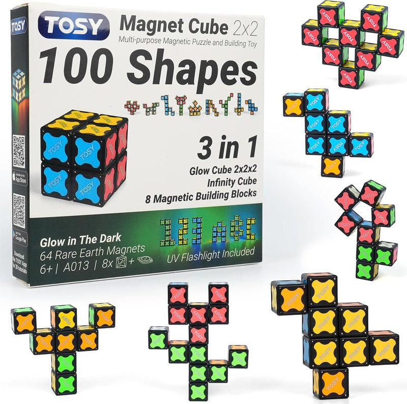 TOSY Magnet Cube 2x2 - 8 Blocks, 2-in-1 Toy: Puzzle & Infinity Cube, Glow-in-the-Dark Gift for Kids/Grandkids - Image 1