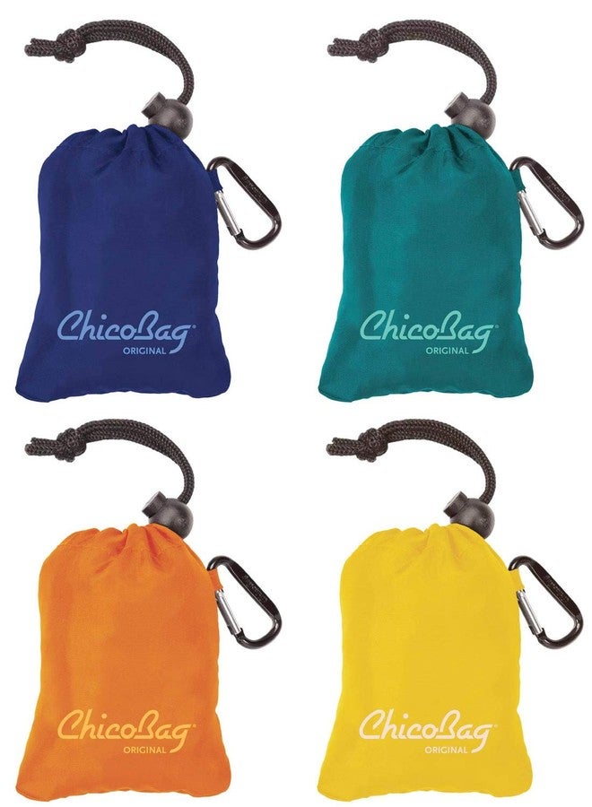 ChicoBag Original Compact Reusable Grocery Bag w/Attached Pouch and Carabiner Clip | Eco-Conscious Packable Tote | Variety 4pk - Mazarine, Aqua, Orange Peel, & Yellow (Pack of 4) - Image 1