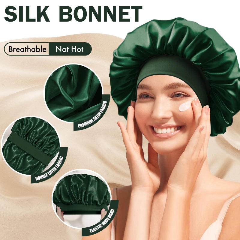 Doitory Satin Silk Bonnet for Sleeping, Double Layer Silk Sleep Cap for Men & Women, Soft Satin Lined Bonnet for Natural & Curly Hair(Dark Green) - Image 3