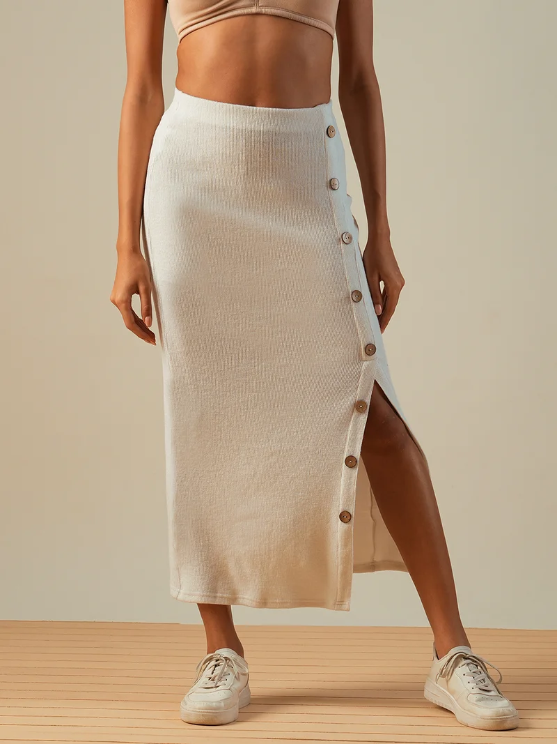 globus Globus Women Self Design Button Detail Mid-Rise Side Slit Midi Pencil Skirt