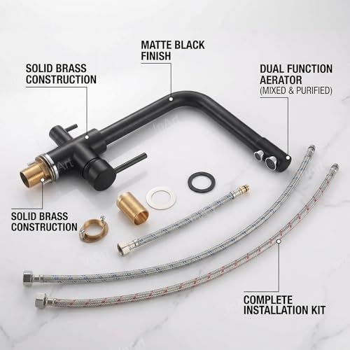 InArt Kitchen Sink Faucet with 360° Swivel Spout, Brass, 3-Way Water Filter, Dual Lever, Deck Mounted (Black) - Image 2