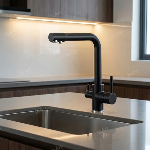 InArt Kitchen Sink Faucet with 360° Swivel Spout, Brass, 3-Way Water Filter, Dual Lever, Deck Mounted (Black) - Image 4
