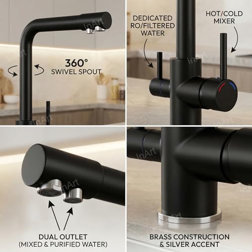 InArt Kitchen Sink Faucet with 360° Swivel Spout, Brass, 3-Way Water Filter, Dual Lever, Deck Mounted (Black) - Image 3